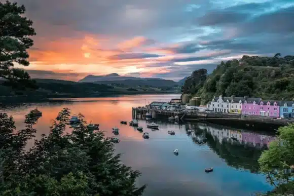 Portree harbour in sunset