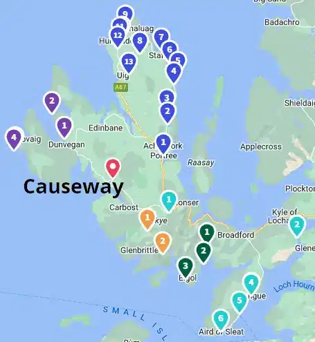 Map over attractions of Isle of Skye with The Causeway acoomodation centrally located